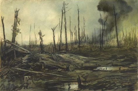 a view across a desolate and battle-scarred Somme landscape. There are flooded shell holes in the foreground, and clouds of smoke rising from the land in the distance. There are the shattered tree trunks of Bernafay Wood jutting out from the ground, an indication of what used to be a woodland area. Ww1 Battles, Ww1 Art, Apocalypse Aesthetic, Post Apocalyptic Art, Oc Board, Military Drawings, Fantasy Background, Tree Trunks, Painting Inspo