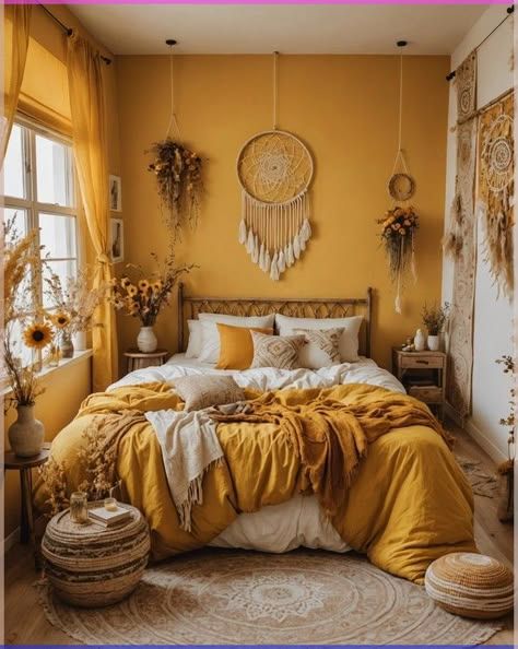 Yellow Boho Bedroom, Mustard Bedroom, Themed Bedroom Ideas, Mustard Yellow Bedrooms, Yellow Room Decor, Boho Bedroom Decor Ideas, Feature Wall Bedroom, Yellow Bedding, Bedroom Wall Designs