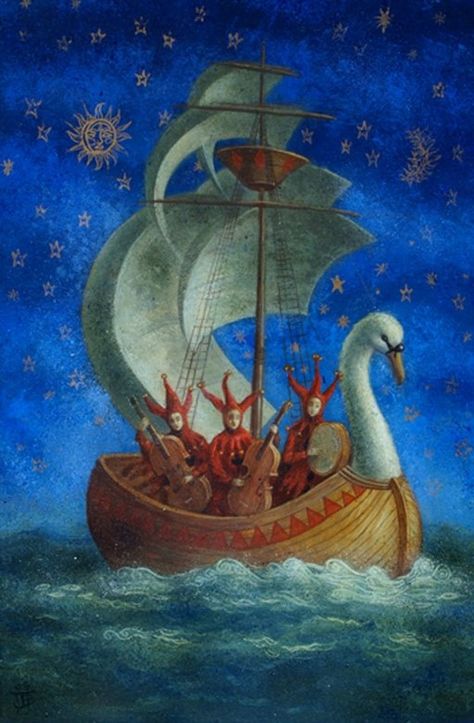 Jake Baddeley, Ship Of Fools, William Blake, Visionary Art, Moon And Stars, Children's Book Illustration, Swans, Whimsical Art, The Ocean