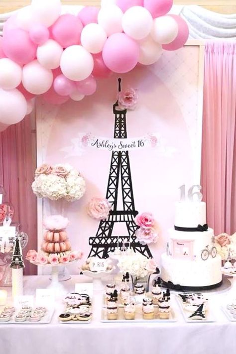 Take a look at this chic Parisian Sweet 16! The dessert table will blow you away! See more party ideas and share yours at CatchMyParty.com  #catchmyparty #partyideas #paris #sweet16 #parisianparty #parisparty Paris Party Decorations, Parisian Birthday Party, Parisian Party Theme, Paris Sweet 16, Vintage Party Ideas, Sweet 16 Party Themes, Paris Themed Birthday Party, Paris Cakes, Parisian Party