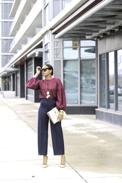 NAVY AND BURGUNDY — Awed by Monica Atlanta Fashion Blogger Plum Top Outfit, Burgundy Shirt Outfit, Burgundy Top Outfit, Blouse Outfit Work, Black And Gold Ring, Gold Circle Ring, Nude Clutch, Burgundy Outfit, Burgundy Shirt