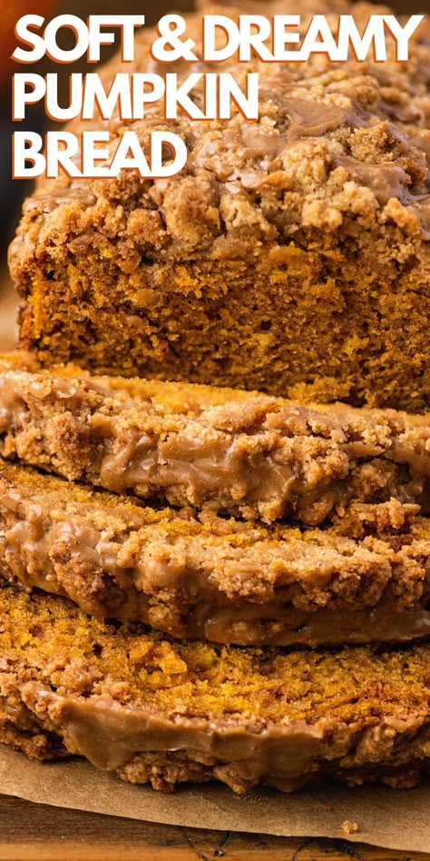 This easy pumpkin bread recipe makes a soft and fluffy loaf of pumpkin bread with a crumbly crunchy streusel topping and maple glaze. Pumpkin Bread Recipe With Streusel, 2 Loaf Pumpkin Bread Recipe, 1 Loaf Pumpkin Bread, Pumpkin Bread With Maple Glaze, Single Loaf Pumpkin Bread, Pumpkin Streusel Bread With Maple Glaze, Strussel Pumpkin Bread, Dessert Loaves, Pumpkin Loaf Recipe