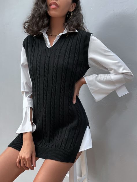 Black Casual  Sleeveless Acrylic Plain  Embellished Non-Stretch Spring/Fall Women Knitwear Half Sleeve Sweater, Winter Mode Outfits, Cable Knit Vest, Winter Fashion Outfits Casual, Pullover Outfit, Hem Sweater, Sweater Vest Women, Elegantes Outfit, Knit Vest