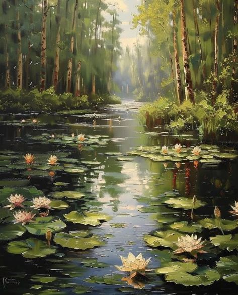 Lake With Water Lilies, Monet Lilies Painting, Lotus Pond Painting, Pond Painting, Soft Pastel Art, Lily Painting, Photo To Art, Oil Pastel Art, Floral Oil Paintings