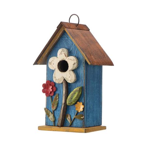 [OFFICIAL] Glitzhome 10.25"H Retro Blue Distressed Solid Wood Birdhouse with 3D Flowers Wood Birdhouses, Bird Types, Decorative Bird Houses, Rustic Blue, Garden Backyard, Wood Bird, Metal Hangers, 3d Flowers, Bird Garden