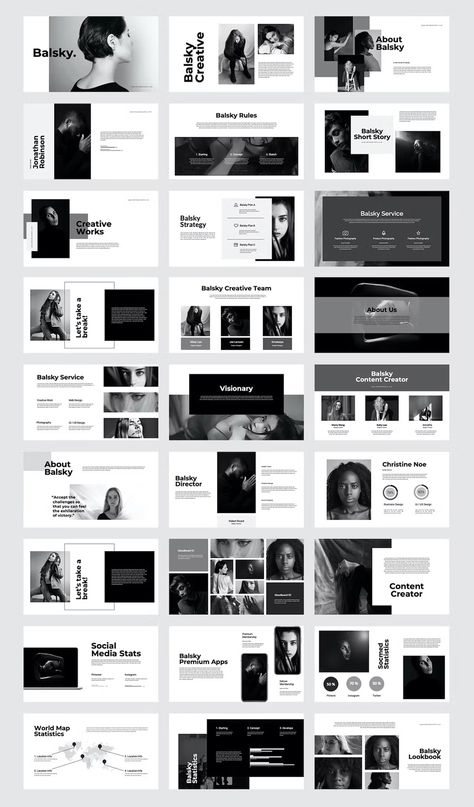 Modern Photography Powerpoint Template. 30 Unique Slides. Powerpoint Design Photography, Brutalist Powerpoint, Modern Slide Design, Graphic Design Portfolio Layout Template, Layout Presentation Design, Modern Presentation Design, Social Media Manager Website, Photography Powerpoint, Portfolio Powerpoint