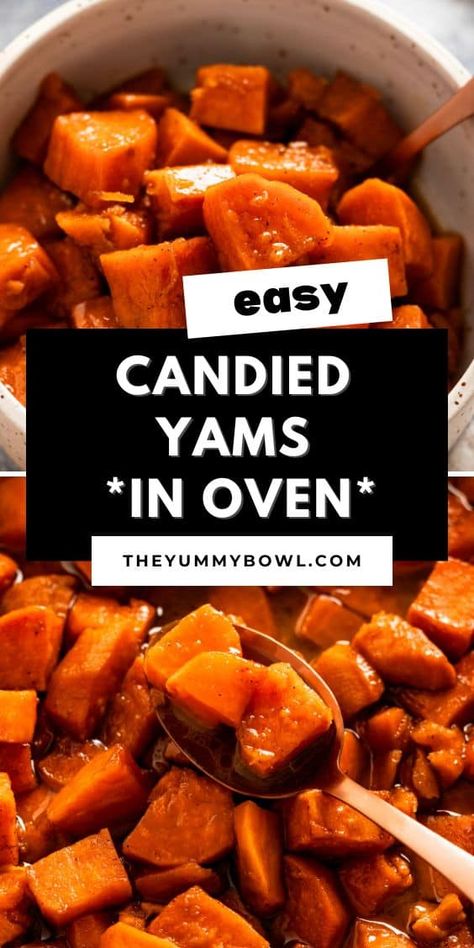 These baked candied yams are a beloved dish for Thanksgiving table and many holiday dinners. Sweet potato cubes are coated in a sticky, flavorful buttery syrup, brown sugar, warming spices and baked in the oven to fork tender. Baked Yams Oven Healthy, Oven Baked Sweet Potato Cubes, Candied Yams With Orange Juice, Sliced Yams Baked, How To Make Yams In The Oven, Oven Baked Yams Recipe, Diced Baked Sweet Potatoes In The Oven, How To Cook Yams In The Oven, Oven Baked Candied Sweet Potatoes