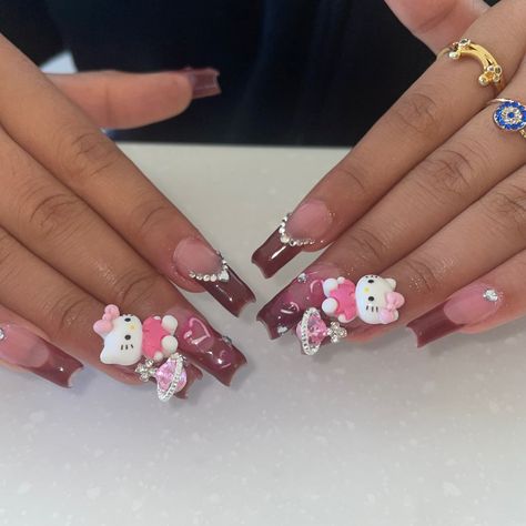 Brown Hello Kitty Nails, Pink And Brown Nails, Pink French Tip Nails, Pink French Tip, Cheetah Print Nails, Nail Pics, Brown French, Kitty Nails, Pink Charm