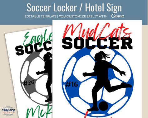 Soccer Hotel Door Signs Diy, Soccer Locker, Locker Signs, Spirit Signs, Club Soccer, Locker Decorations, Hotel Door, Travel Team, Door Signs Diy