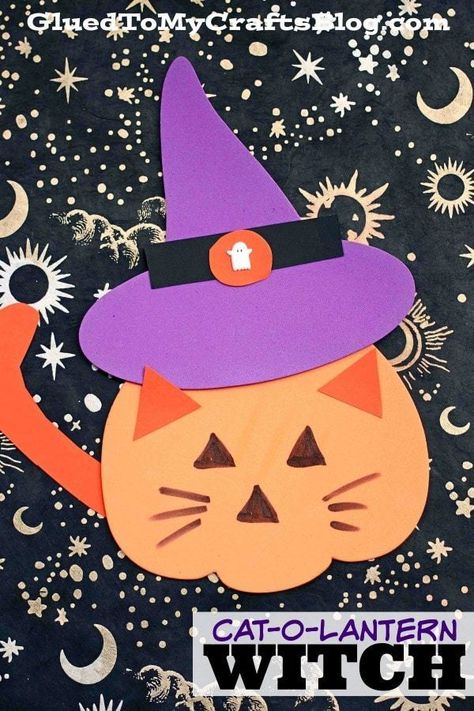 #gluedtomycrafts Craft Foam Cat-O-Lantern Witch - Halloween Kid Craft Idea Halloween Cat Crafts, Cat In Pumpkin, Fall Crafts For Toddlers, Halloween Crafts Preschool, Ghost Crafts, Monster Craft, Pumpkin Craft, Spider Crafts, Halloween Crafts For Toddlers