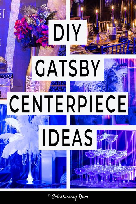 Diy Gatsby Party, Great Gatsby Centerpieces, Gatsby Centerpieces, 20s Party Decor, Roaring 20s Party Decorations, Great Gatsby Party Decorations, 20s Party Decorations, Ostrich Feather Centerpieces, Roaring 20s Wedding