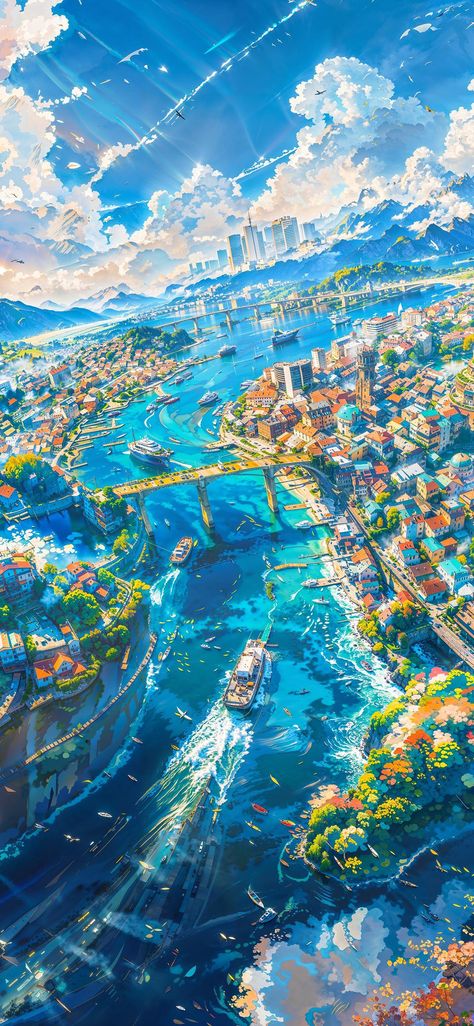 Bridge City, River Bridge, Dreamy Artwork, Wallpaper Disney, Japon Illustration, Screen Saver, Cool Anime Wallpapers, Cool Wallpapers Art, City Landscape