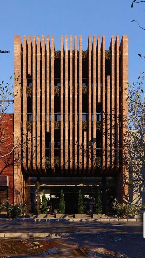 Brick Louver Facade, Facade Design Office Building, Elevation Louvers Design, Louvers Facade Design, Wpc Louvers Exterior Elevation, Exterior Facade Design Commercial, Wood Facade Architecture Design, Vertical Louvers Facade, Architecture Elevation Design