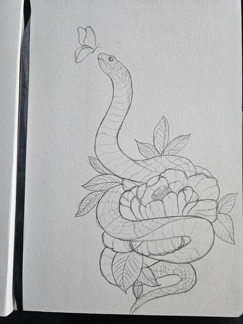 Garden Snake Drawing, Strawberry Snake Drawing, Snake And Flower Drawing, Snake With Flowers Drawing, Snake Butterfly Drawing, Animal Flower Drawing, Reptile Drawings Sketch, Snake Flower Drawing, Snake Aesthetic Drawing