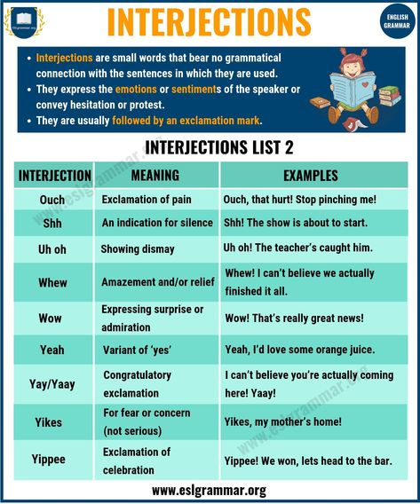 Interjection | Definition, List of Interjections & Examples - ESL Grammar Interjections Anchor Chart, Esl Grammar, English Transition Words, Reading Anchor Charts, Teaching English Grammar, English Learning Spoken, Conversational English, Phrasal Verbs, English Writing Skills