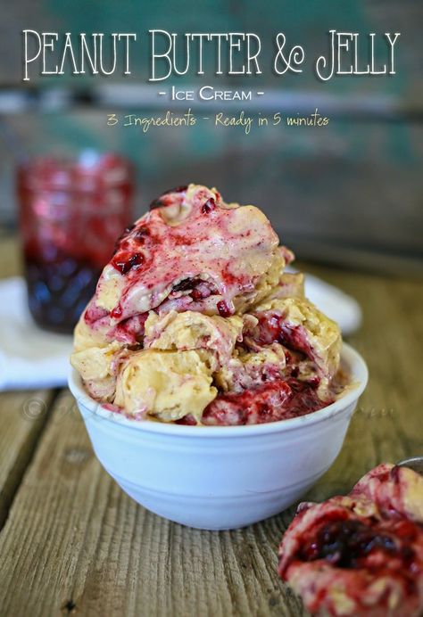 Peanut Butter & Jelly Ice Cream Peanut Butter Jelly Ice Cream, Peanut Butter Jelly Recipes, Jelly Ice Cream, Jelly Desserts, Vanilla Ice Cream Recipe, Peanut Butter Ice Cream, No Churn Ice Cream, Healthy Peanut Butter, Peanut Butter And Jelly