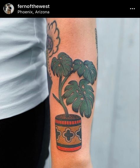 Monstera Pot Tattoo, Monstera Tattoo Color, American Traditional Monstera, Monstera Tattoo Traditional, Cheese Plant Tattoo, Potted Plant Tattoo, Traditional Plant Tattoo, Plant Lover Tattoo, Monstera Tattoo