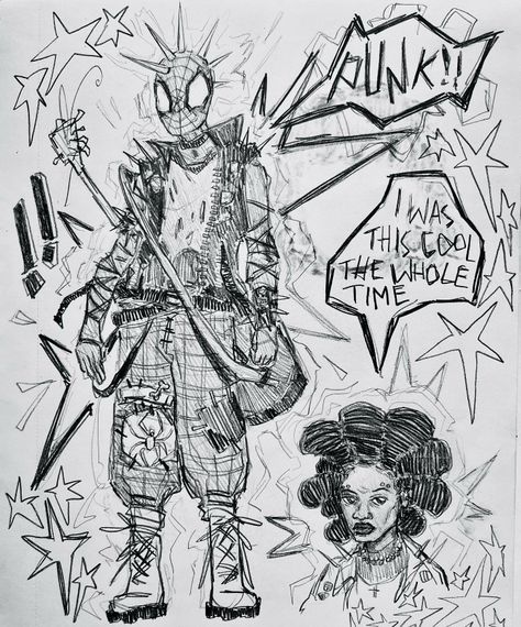 Spider Punk Doodle, Spiderpunk Drawing, Spider Punk Art, Punk Sketches, Spider Punk Drawing, Punk Art Drawings, Spider Doodle, Punk Drawing, Spiderman Gifts