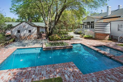 River Road Brick Pool Deck, Brick Pool, Patio Yard Ideas, Garden Pool Design, Swimming Pool Pond, Stone Pool, Backyard Shade, Pool Remodel, Pool Landscape Design