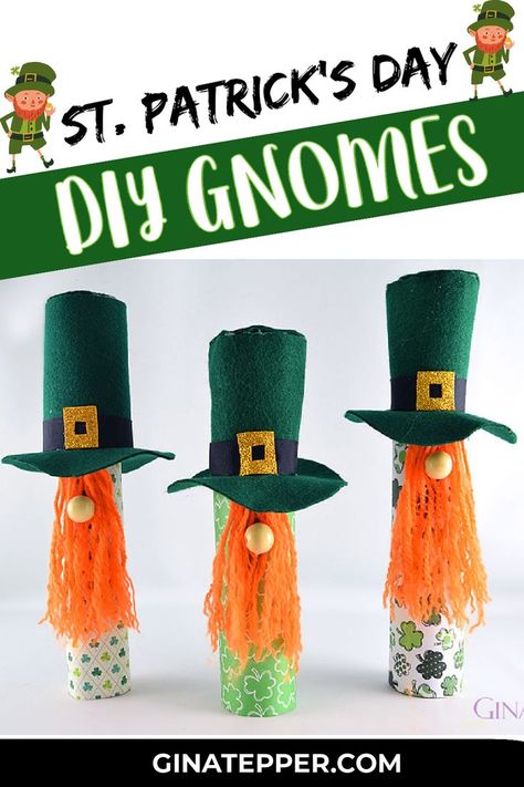 Three green gnomes with tall green hats, orange beards and round nose Toilet Paper Roll Crafts St Patricks Day, Gnomes Free Pattern, Saint Patricks Party Ideas, St Patricks Decorations, Gnome Crafts, Saint Patricks Day Art, How To Make A Paper Bag, St Patricks Crafts, Gnomes Diy