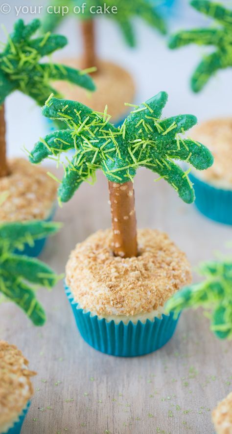 ​﻿​​​Palm Tree Cupcakes - Your Cup of Cake Palm Tree Pretzel Rods, Tree Pretzels, Beach Desserts, Hawaiian Cupcakes, Palm Tree Cakes, Cutest Cupcakes, Tree Cupcakes, Easy Buttercream Frosting, Summer Cupcakes