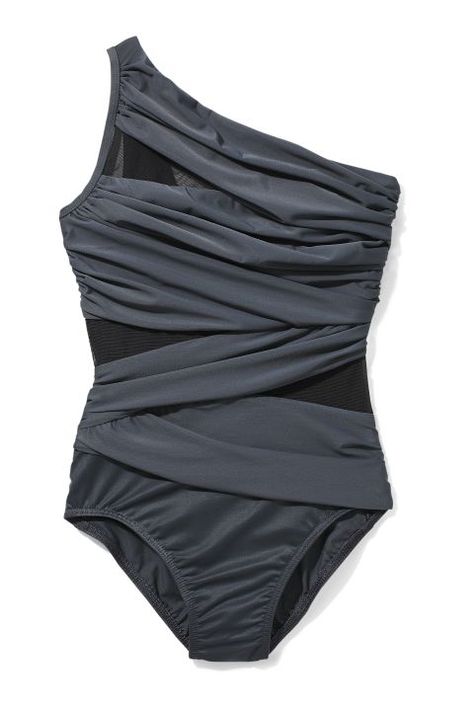 "Suits with fun details at the top keep everyone's eyes on my upper half and away from my curvy hips." —Elaina, 42. Miraclesuit, $154; bloomingdales.com. Grey Swimsuit, Curvy Hips, Nightgowns, Body Shape, Body Shapes, Night Gown, Tankini, Bathing Suits, Lingerie