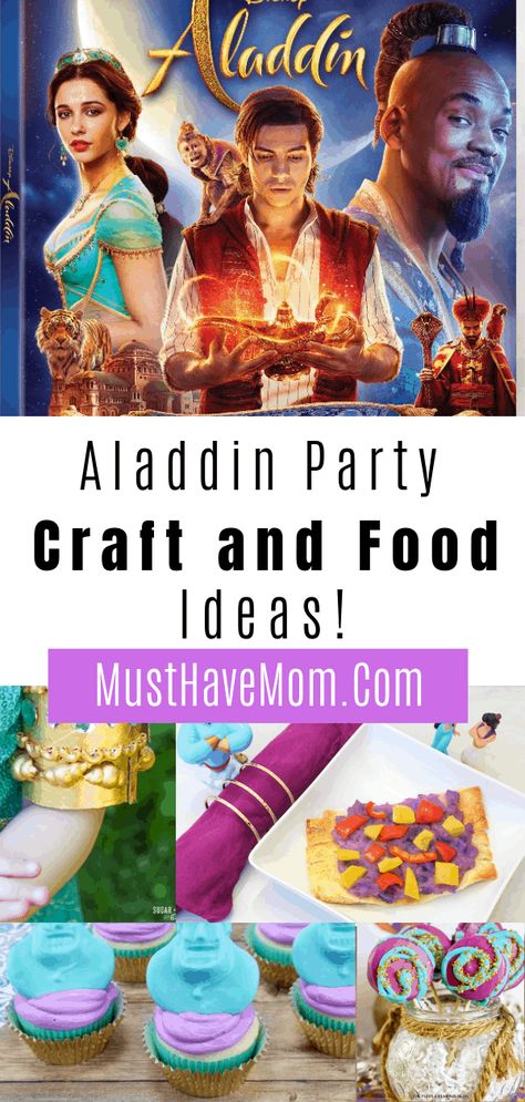 Aladdin live action and signature collection are available on 8/27! It is the perfect time to plan a Aladdin Party with these crafts and food ideas. Aladdin Birthday Party Games, Aladdin Dinner Ideas, Aladdin Movie Night Food, Aladdin Food Ideas, Aladdin Party Games, Aladdin Birthday Party Food, Aladdin Party Food, Jasmine Party Food, Aladdin Themed Food