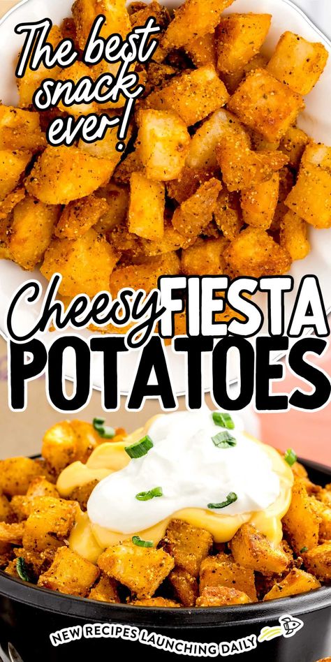 Our cheesy fiesta potatoes are crispy and zesty, perfect for a snack or as a side dish alongside almost any meal. Cheesy Fiesta Potatoes, Fiesta Potatoes, Fried Chicken Recipe Southern, Frozen Potatoes, Seasoned Potatoes, Potato Bites, Potato Vegetable, Potato Sides, Cheesy Sauce