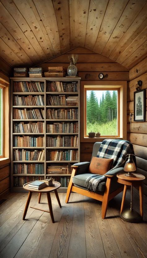 Transform Your Space: 21 Stunning Cabin Decor Ideas That Will Make You Want to Move to the Woods Today! 🌲🔥 Loft In Cabin, Log Cabin Reading Nook, Feminine Cabin Decor, Maine Cabin Decor, Cabin Bookshelves, Cabin Decorating Ideas Rustic, One Room Log Cabin, Log Cabin Aesthetic, Diy Cabin Decor