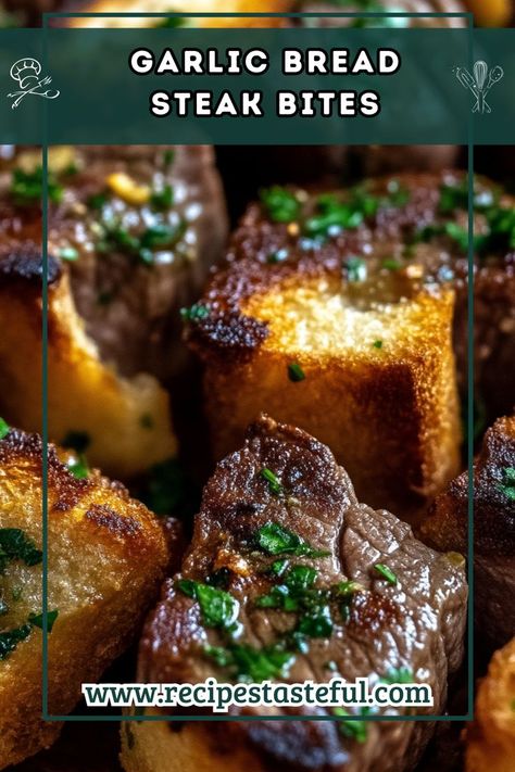 Indulge in these delicious Garlic Bread Steak Bites, featuring marinated steak grilled to perfection and served on toasted French baguette slices. A perfect appetizer or snack that brings the rich flavors of garlic and cheese together! Garlic Bread Steak Bites, French Steak, Steak Marinated, Steak Grilled, Baguette Slices, Breaded Steak, Garlic Steak, Hearty Snacks, Olive Oil Garlic