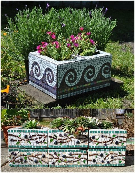 Inexpensive Outdoor Furniture, Cinder Blocks Diy, Planters Diy, Cinder Block Garden, Cement Blocks, Mosaic Garden Art, Mosaic Art Projects, Diy Blocks, Planter Ideas