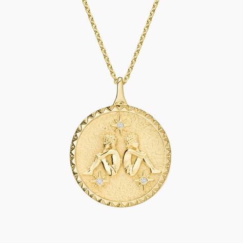 Gemini Zodiac Diamond Pendant - 14K Yellow Gold. A pair of twins embossed on a disc adorned with three starlike diamond accents empowers this medallion and its wearer with the characteristics of the Zodiac air sign Gemini: charm, curiosity, wit.     An impression in the symbolic shape of the Gemini sign is carved into the textured second side while a single flush set diamond shines through from the front to the back, adding versatility to this sublime design. The length of the chain can be adjus Gemini Pendant, Flush Set Diamond, Gemini Sign, Zodiac Signs Gemini, Yellow Gold Setting, Gemini Zodiac, Zodiac Necklaces, Brilliant Earth, Body Jewellery