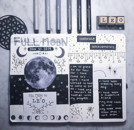 Moon Journal, Creation Art, Diy Journal Books, Art Journal Therapy, Bullet Journal Design Ideas, Bullet Journal Themes, Bullet Journal Writing, Bullet Journal Art, Journal Themes