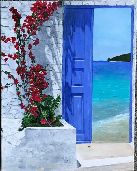 Greece Drawing Simple, Greece Canvas Painting, Greece Painting Easy, Santorini Painting Easy, Watercolor Greece Easy, Santorini Art Painting, Santorini Greece Painting Easy, Greek Scenery Paintings, Greece Painting