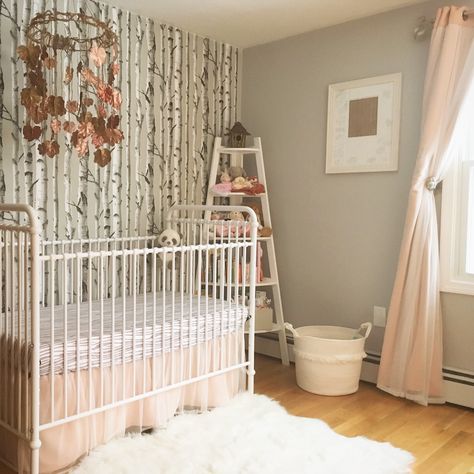 Woodsy nursery,  birch tree, dusty rose, white iron crib, Benjamin Moore Stonington Gray, handmade mobile, forest nursery, woodland, trees, owl tieback, branch curtain rods, light pink Wnchanted Forest Nursery, Woodland Forest Bedroom, Boho Fairytale Nursery, Dusty Pink And White Nursery, Woodland Princess Nursery, Fairytale Woodland Nursery, Forest Baby Nursery Girl, Nursery Ideas Magical, Rod Iron Crib Nursery