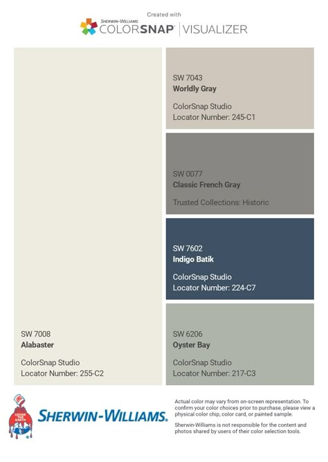 I just created this color palette with the Sherwin-Williams ColorSnap® Visualizer app on my Android phone. What do you think? You can learn more about ColorSnap Visualizer and get it on your phone free by visiting http://getcolorsnap.com. Sherwin Williams Gibralter, Worldly Gray Color Scheme, Sherwin Williams Color Snap Visualizer, Worldly Gray Sherwin Williams Palette, Worldly Gray Color Palette, Exterior House Colors Palette, Exterior House Paint Color Combinations Sherwin Williams, Sherwin Williams Palette, Worldly Gray Sherwin Williams