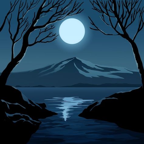 Dream Illustration, Moon Mountain, Nature Tourism, Camp Lake, Night Illustration, Landscape Modern, Mountain Illustration, Romantic Adventures, Modern Illustration