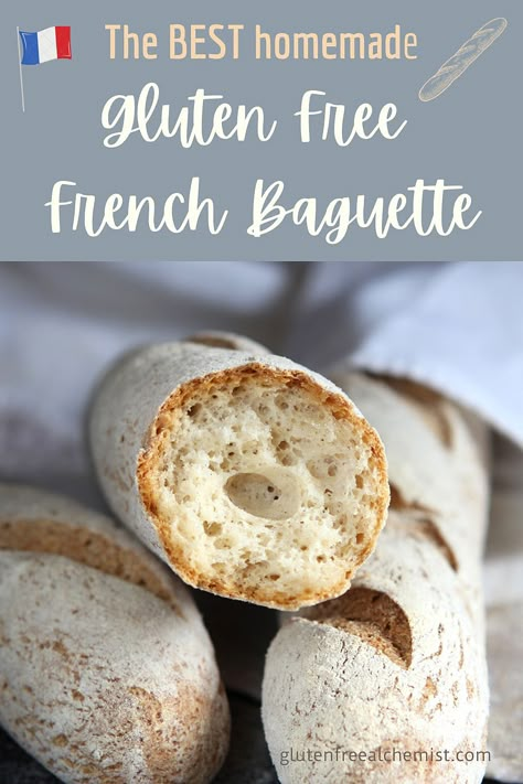 A bakery-standard Gluten Free Baguette with a texture and chew that is utterly French. Also #dairyfree and #vegan recipe. #baguette #frenchstick #frenchbaguette #glutenfree #glutenfreebread #frenchbread via @gfalchemist Gluten Free Baquet, Gluten Free French Bread Recipe, Gf French Bread, Gf Baguette, Gluten Free French Baguette Recipe, Whole Wheat Baguette, Wheat Free Bread, Gluten Free Baguette, Dairy Free Bread