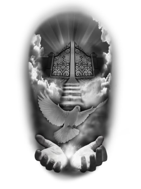 Heavens Gates Tattoo Design, Stairs To Heaven Tattoo, Gates Of Heaven Tattoo, Heaven Gates, Stairway To Heaven Tattoo, Heaven Tattoo, Mangas Tattoo, Memorial Tattoo Ideas, Heaven Tattoos