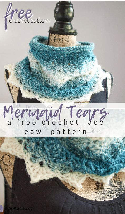 Mermaid Tears Cowl • Salty Pearl Crochet Lion Brand Scarfie Yarn, Scarfie Yarn, Pearl Crochet, Crochet Cowl Free Pattern, Lacy Crochet, Crochet Neck Warmer, Crochet Cowl Pattern, Mermaid Tears, Crochet Fun