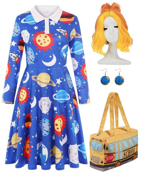 PRICES MAY VARY. Rich Content: This teacher costume set includes 1 long sleeved planets dress, 1 yellow school bus bag, 1 pair of Earth earrings, 1 wig cap, and 1 orange wig, making you instantly become the classic teacher character. Reliable Materials: This storybook character costume dress is made of high-quality fabric that is soft, breathable, lightweight, and can be worn for a long time. A high waisted design can better showcase your graceful curves. Inspiration Source: The inspiration for Teacher Book Character Costumes, Teacher Character, Earth Earrings, Waldo Costume, Storybook Character Costumes, School Halloween Costumes, Teacher Costume, Office Halloween Costumes, Epic Halloween Costumes