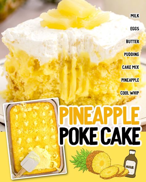 This refreshingly delicious pineapple poke cake is a fluffy and flavorful cake that is sure to please any crowd! It starts with a moist cake base infused with sweet pineapple and filled with creamy vanilla pudding throughout before being topped with fluffy whipped topping. Vanilla Poke Cake Recipes Pudding, Pineapple Poke Cake Recipes, Pineapple Poke Cake, Pudding Cake Mix, Pineapple Cake Recipe, Buns In My Oven, Poke Cake Recipe, Dump Cakes, Cake Base