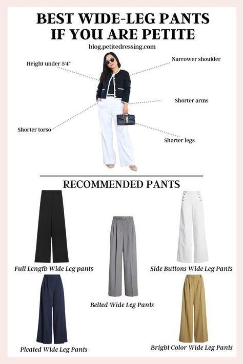 Discover the best wide-leg pants to flatter your petite frame! Look for high-waisted styles and tailored fits that elongate your legs while maintaining a balanced silhouette. Learn how to choose the right length and fabric to ensure a chic, proportional look without overwhelming your figure. Tailored High Waisted Pants, Wide High Waist Pants Outfit, Style Pants Women Pattern, Wide Leg Pants For Petite Women, Outfit Petite Women, Pants Guide, Tailored Pants Women, Wide Pants Outfit, Outfit Petite