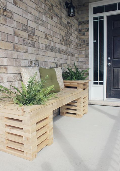 Diy Wooden Planters, Cedar Bench, Garden Bench Diy, Modern Courtyard, Planter Bench, Taman Diy, Diy Bench Outdoor, Wooden Planter Boxes, Pallet Planter