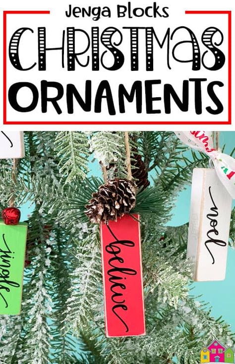 Jenga Christmas Ornaments, Jenga Ornaments, Tile Ornaments, Merry Christmas Tag, Candle Favor, Merry Christmas Tags, Jenga Blocks, Holiday Favors, Christmas Craft Fair