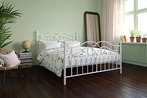 Bedroom With White Metal Bed, Cute Metal Bed Frames, Wire Bed Frame Aesthetic, Bed Frame With Posts, Wire Bed Frame, Cute Bed Frames, Swinging Chairs, White Metal Bed Frame, Bed Frame Metal