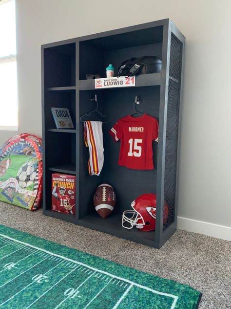 Football nursery, football scoreboard, football locker and bookcase, boys room, kansas city chiefs Football Themed Nursery, Boys Football Bedroom, Maternity Photos At Home, Football Nursery, Football Room Decor, Football Scoreboard, Sports Room Boys, Boy Sports Bedroom, Football Rooms