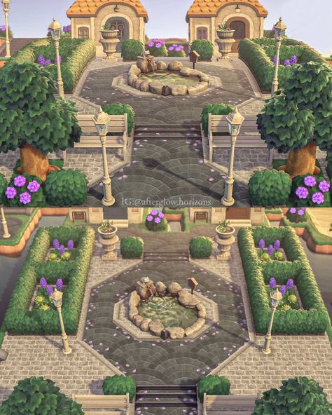 Lucy on Instagram: “Twiggy and Willow's elegant setup 💜 I'm trying to make this island very organised and structured, so all of the residential areas are…” Animal Crossing Island Inspiration, Elegant Entrance, Ideas Animal Crossing, Animal Crossing 3ds, Ac New Leaf, Animal Crossing Guide, Animal Crossing Wild World, Island Theme, Qr Codes Animal Crossing