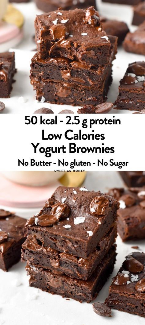 Sweetashoney.co - RECIPE: https://www.sweetashoney.co/greek-yogurt-brownies/ These healthy Greek Yogurt Brownies are the most surprising low calories brownies you will ever try. | Facebook Yogurt Brownies, Greek Yogurt Brownies, Low Calorie Brownies, Low Calorie Baking, Low Cal Dessert, High Protein Desserts, Healthy Greek Yogurt, Chewy Brownies, Greek Yogurt Recipes