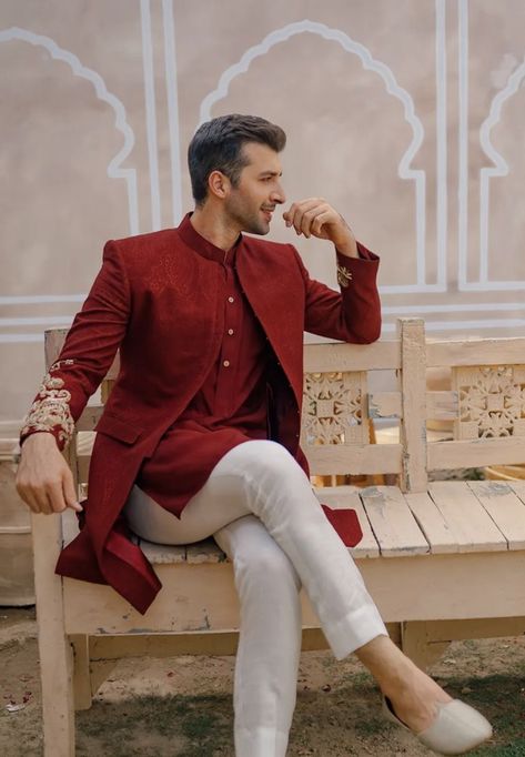 Red Sherwani, Sadaf Fawad Khan, Fawad Khan, Sherwani For Men Wedding, Groom Dress Men, Mens Wedding Attire, Groom Wedding Attire, Sherwani For Men, Traditional Embroidery